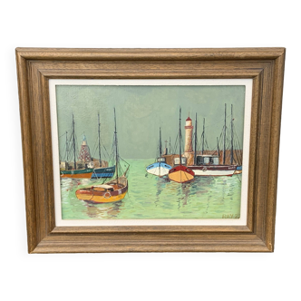 Framed painting, marine painting, the port and its boats sign RAY 77, painting on canvas cardboard