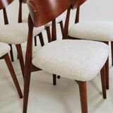 Set of 6 dining chairs, teak color wood, bouclè upholstery