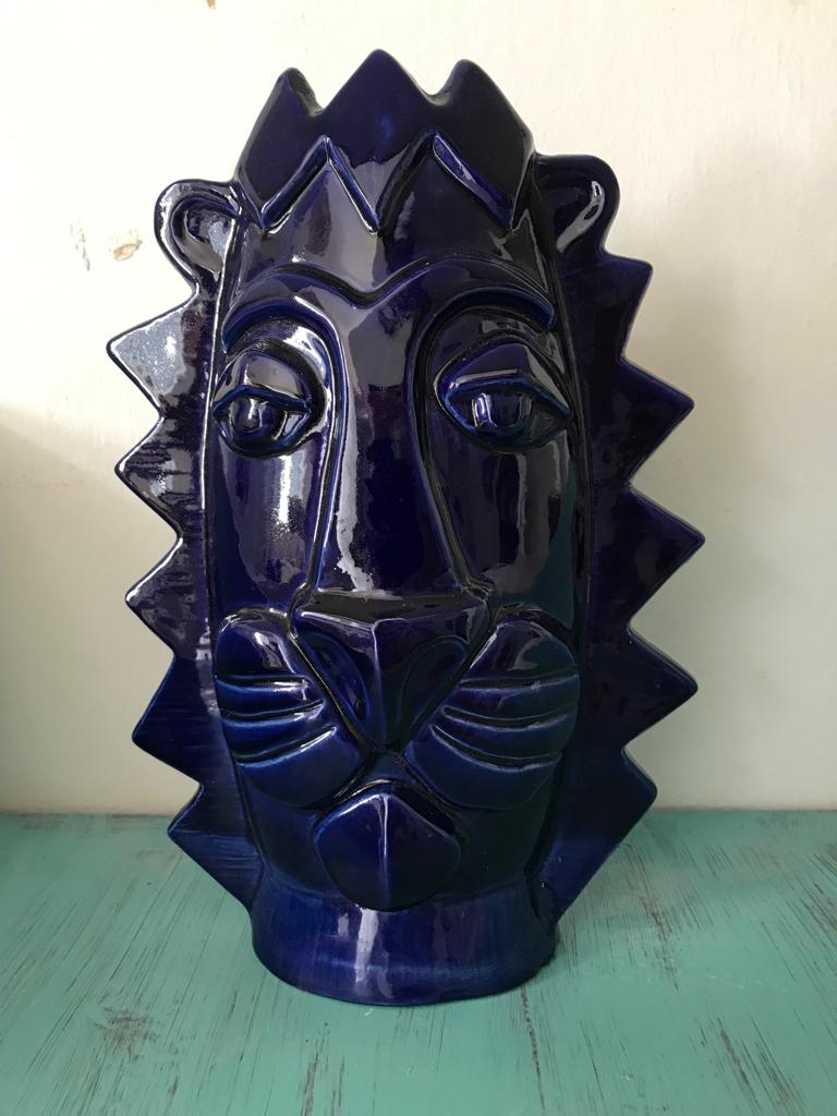 Lion vase blue glazed earthenware design XXe Sandra Corina Paris