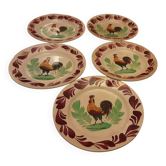 5 earthenware plates, terra de fer, Choisy-le-Roi, rooster pattern