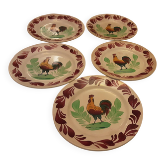 5 earthenware plates, terra de fer, Choisy-le-Roi, rooster pattern