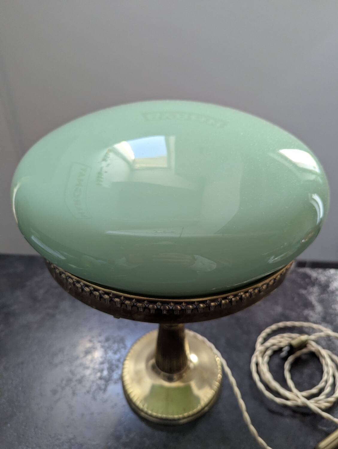 Antique Second Empire Napoleon III table lamp, 1870, brass and opaline glass