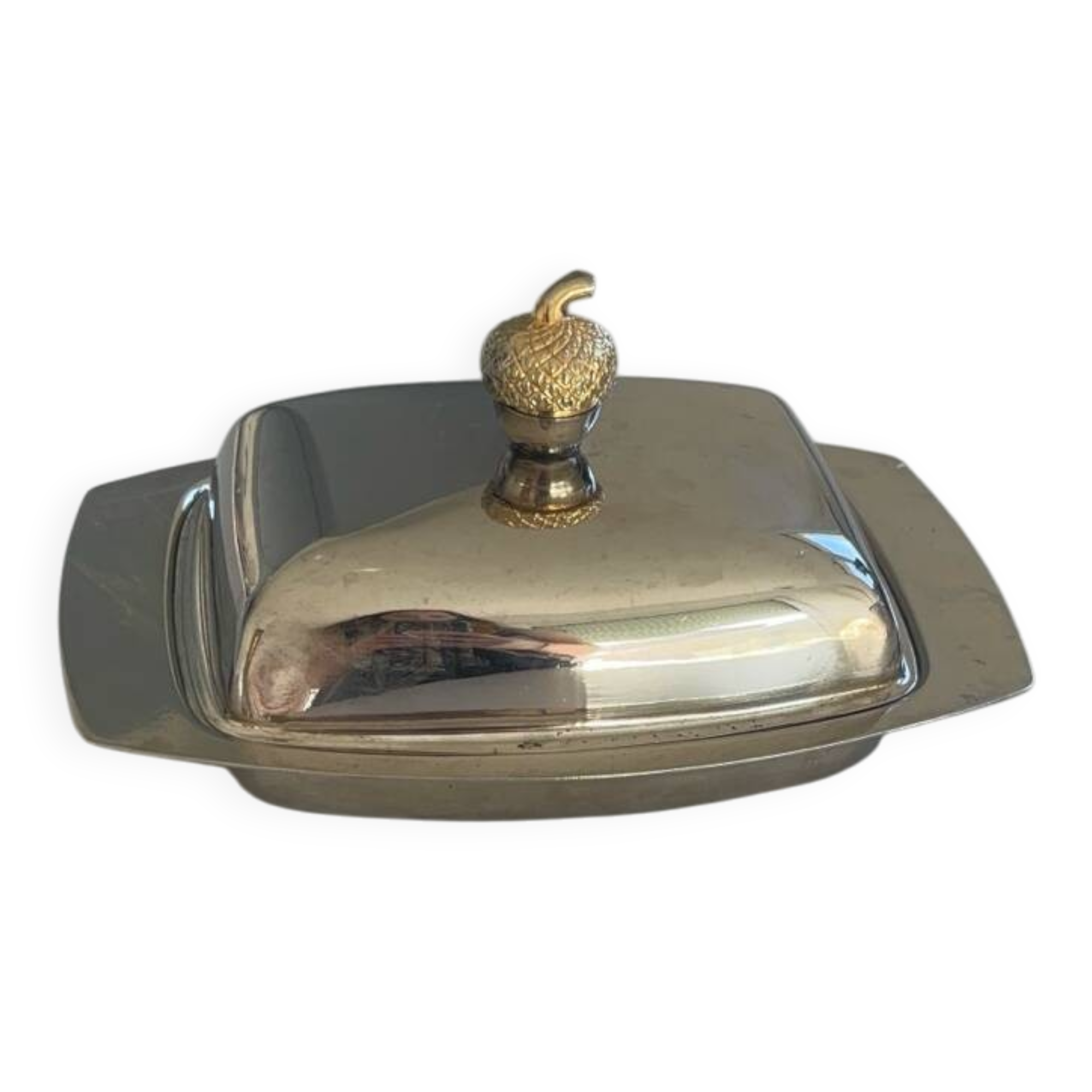 Vintage silver-plated butter dish with golden hazelnut - retro elegance
