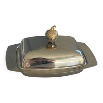 Vintage silver-plated butter dish with golden hazelnut - retro elegance