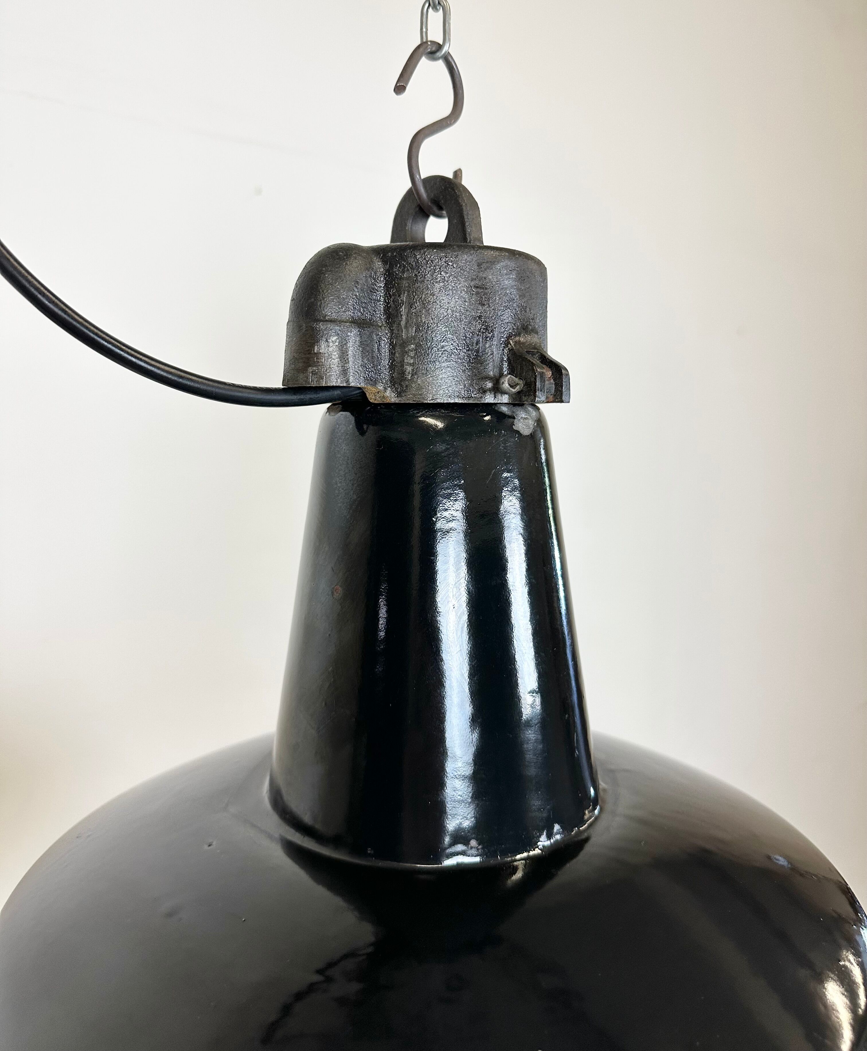 Industrial Black Enamel Factory Lamp with Cast Iron Top, 1950s