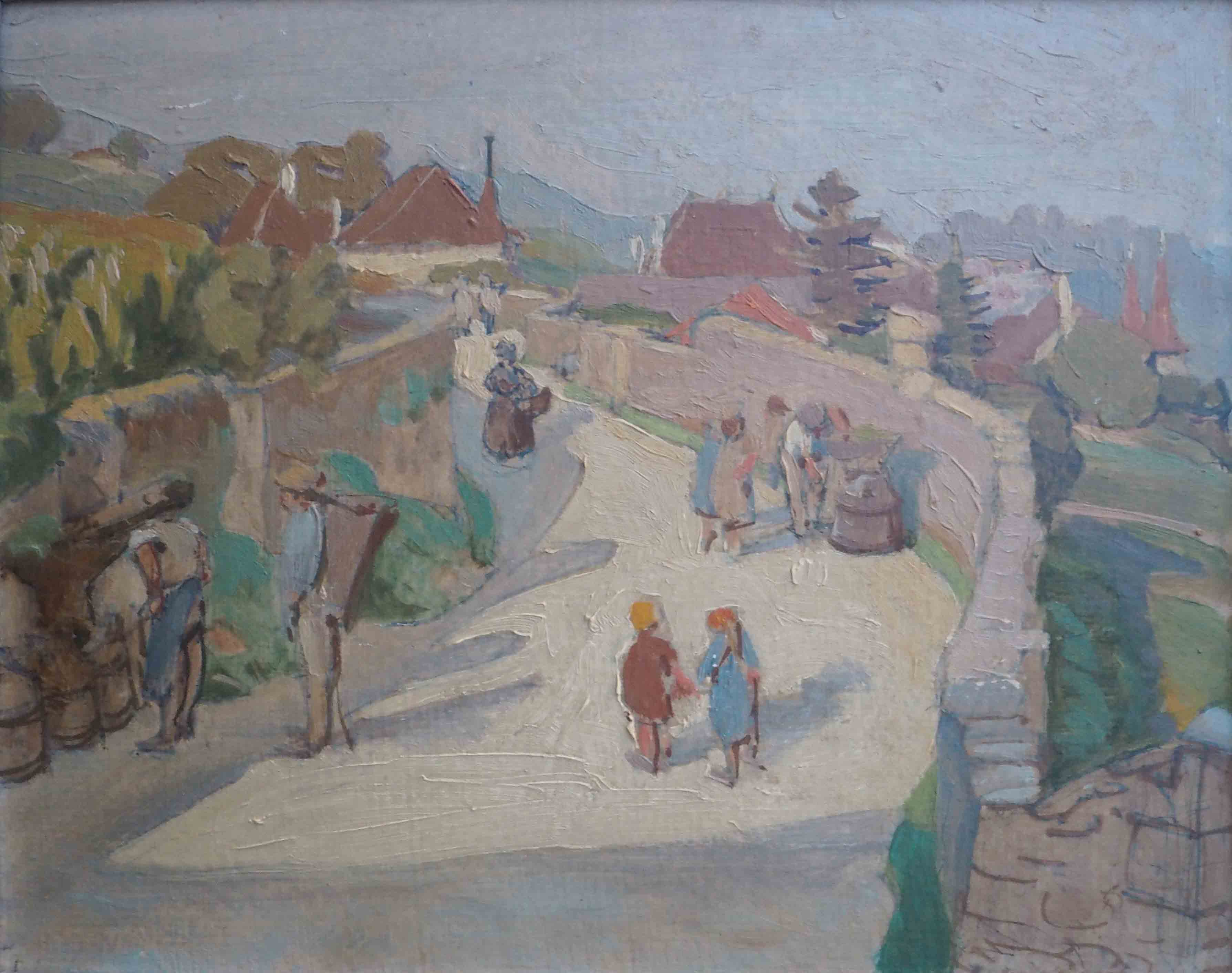Painting scene of harvest in village around 1950