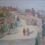Painting scene of harvest in village around 1950