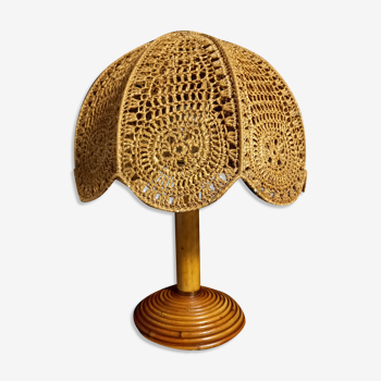 Large table lamp 60s-70s in bamboo, rattan and macramé of raphia