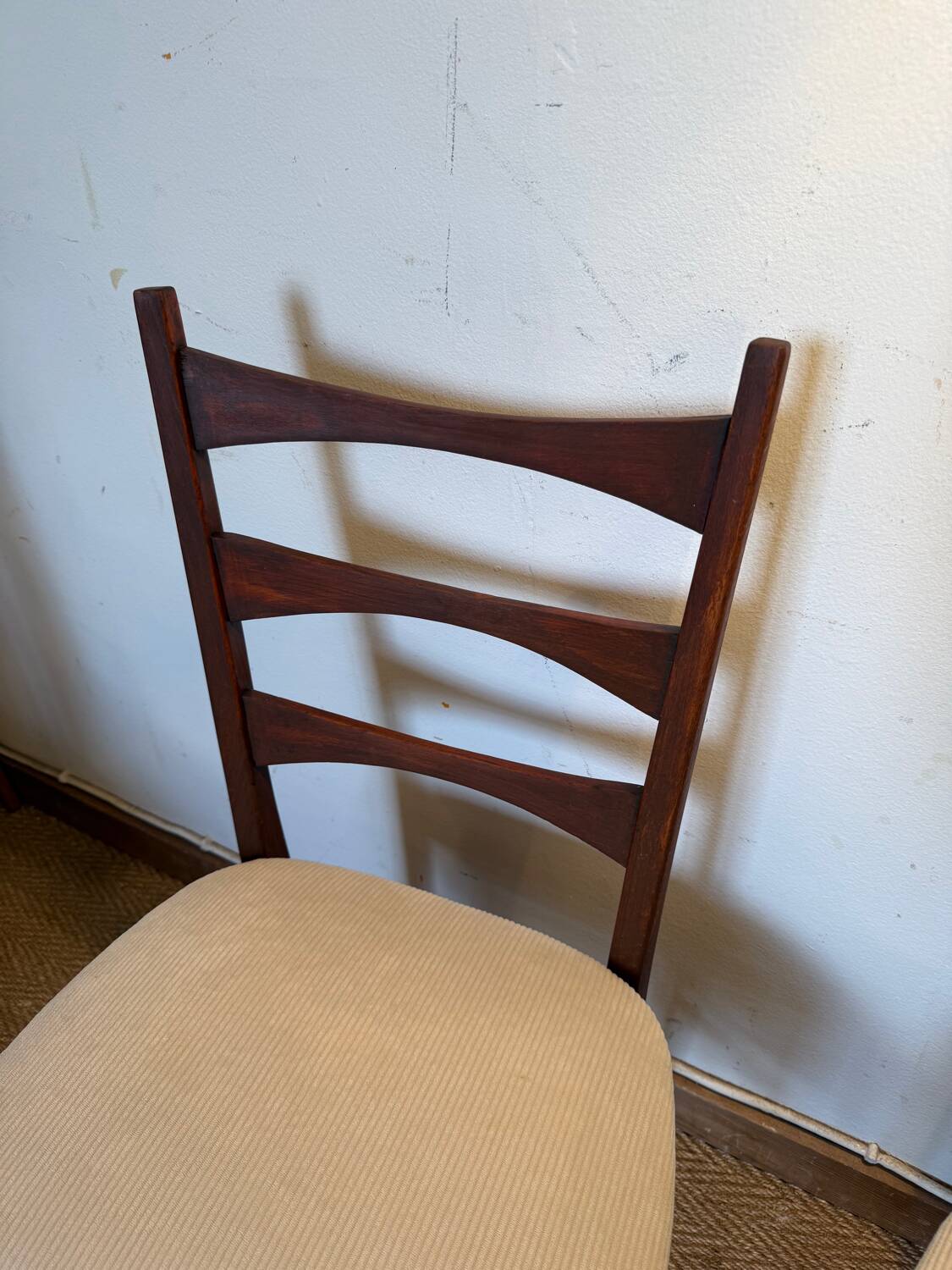 Pair of vintage wood and corduroy chairs