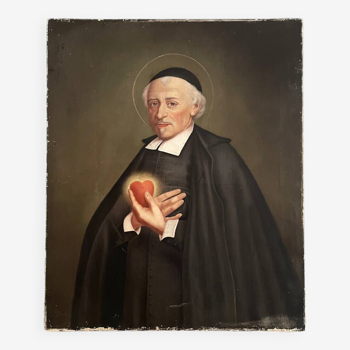 Grand portrait Saint Jean Eudes huile sur toile XIXÈME