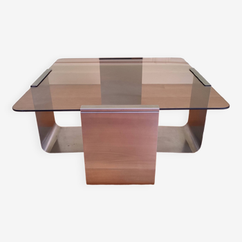Vintage coffee table in brushed steel and glass style François Monnet 1970s