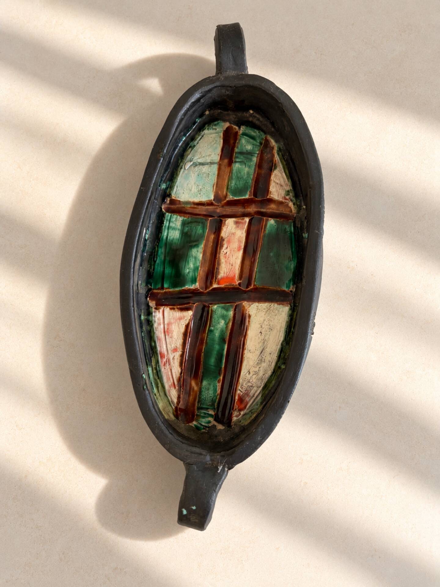 Oval bowl with two handles in glazed ceramic, 1970-71