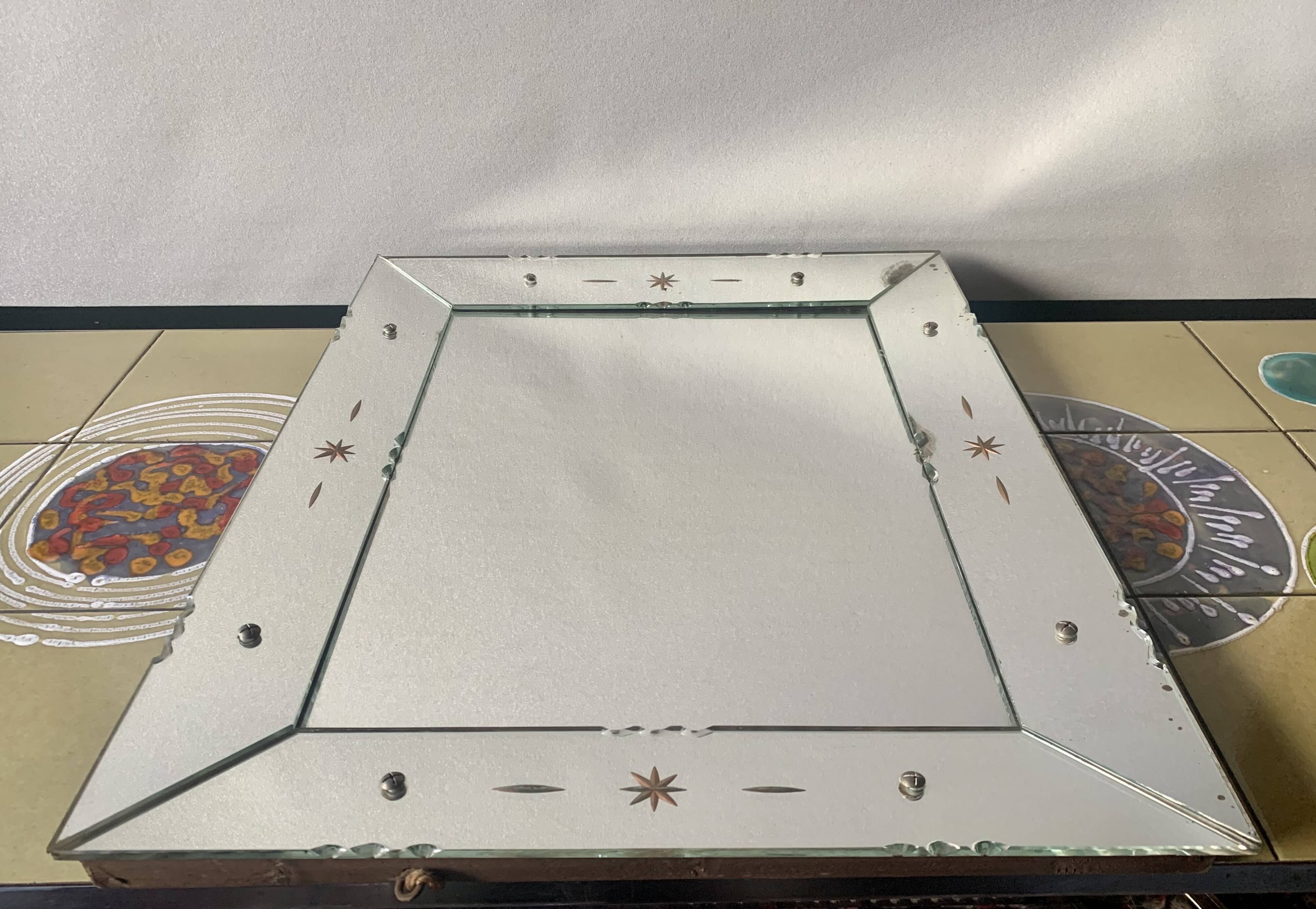 Rectangular Art Deco wall mirror inlaid and chiseled on wood