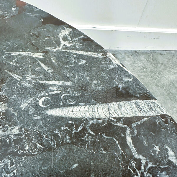 Table basse en pierre fossile sur base croisée en plexiglas, dans le style de Heinz Lilienthal