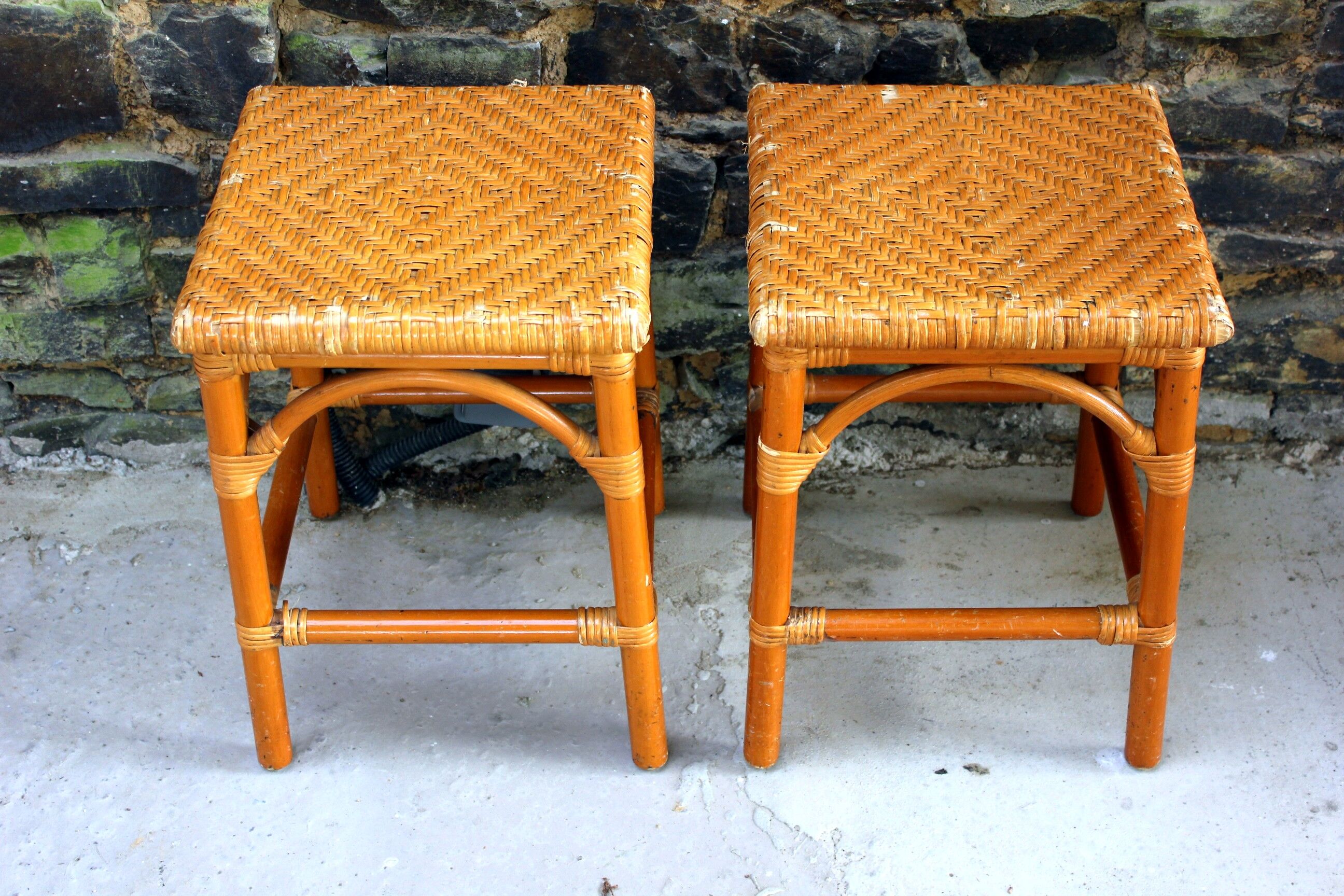 Rattan and wicker stool, vintage bedside table year 70