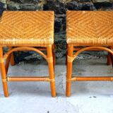 Tabouret rotin et osier, chevet vintage année 70
