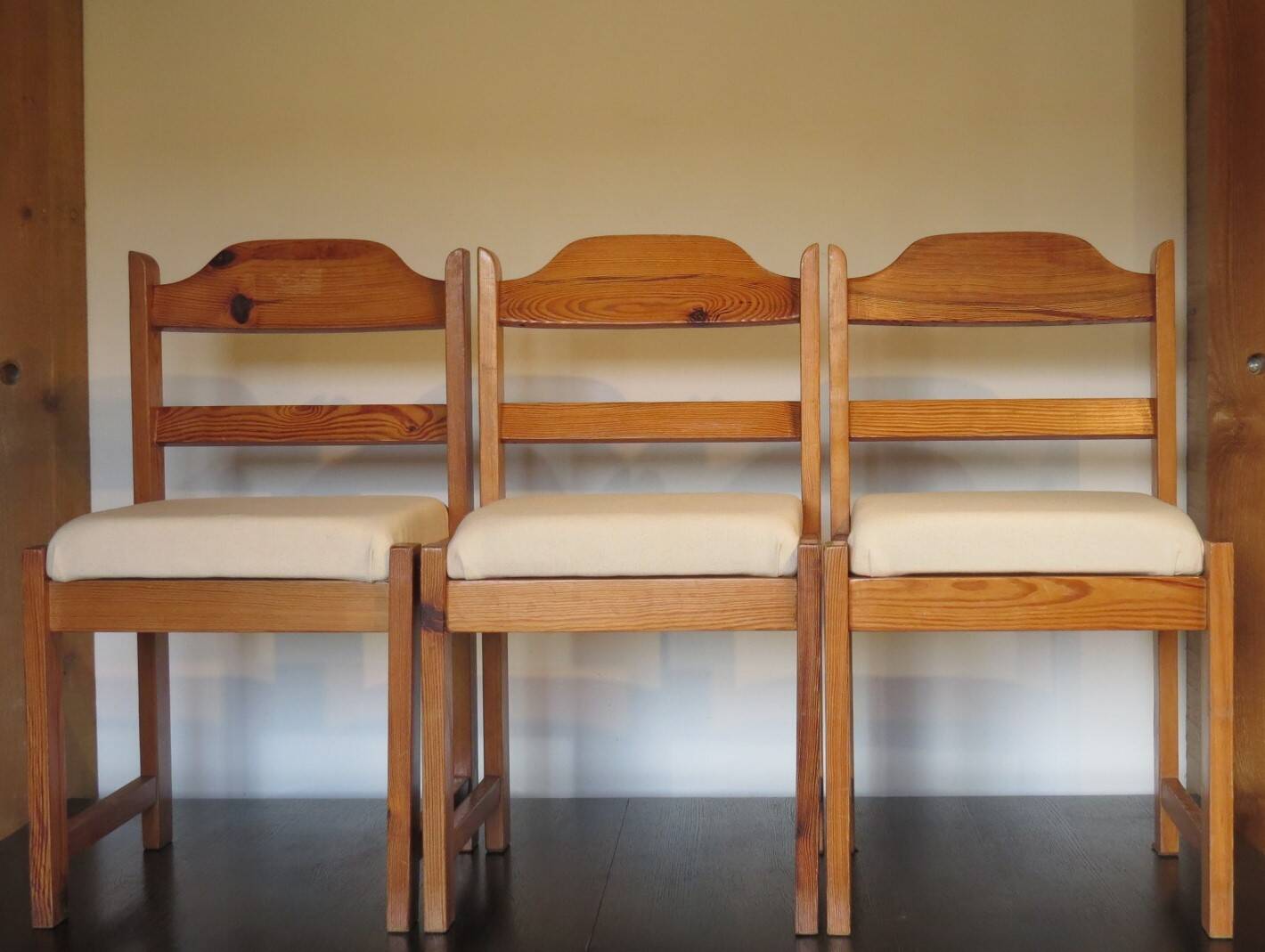 Brutalist pine chairs x 3