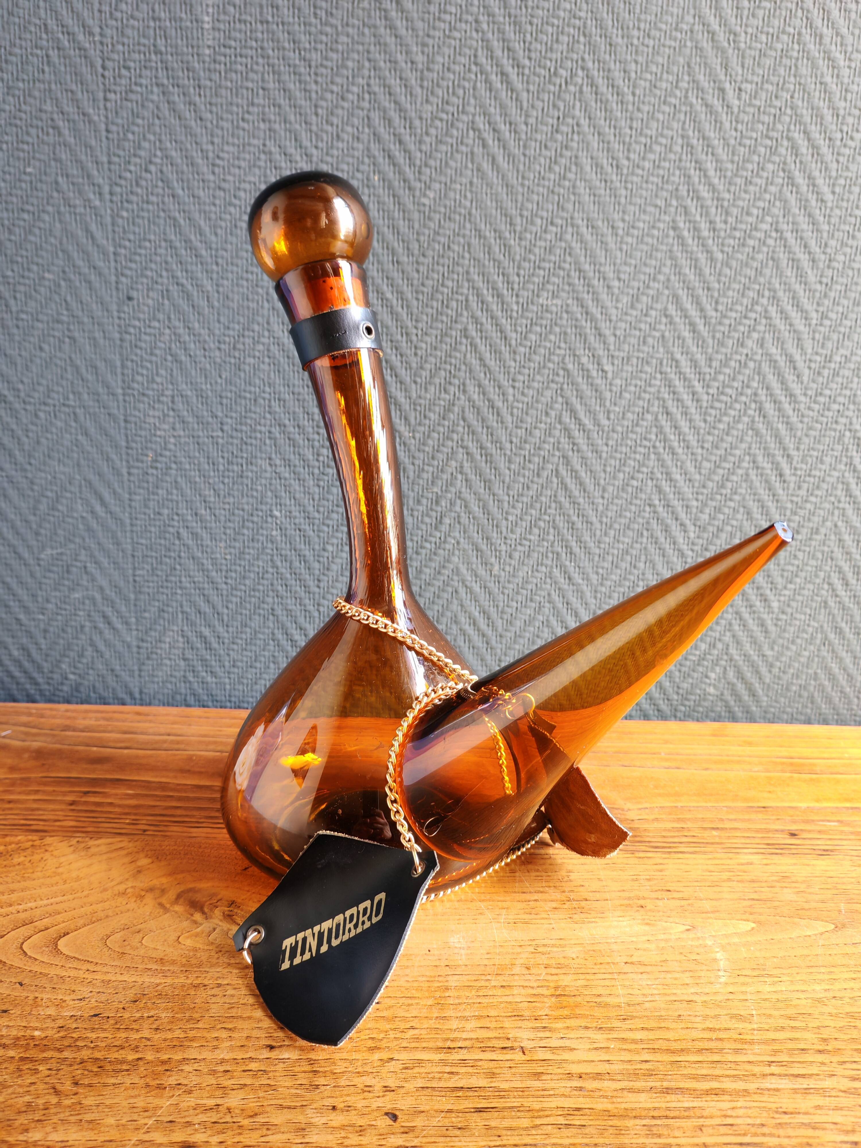 Vintage Amber Glass Wine Carafe - Artisan Decanter in Porron Style