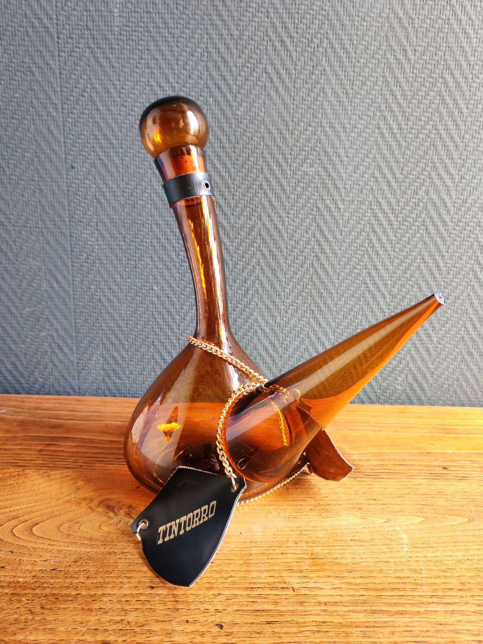Vintage Amber Glass Wine Carafe - Artisan Decanter in Porron Style