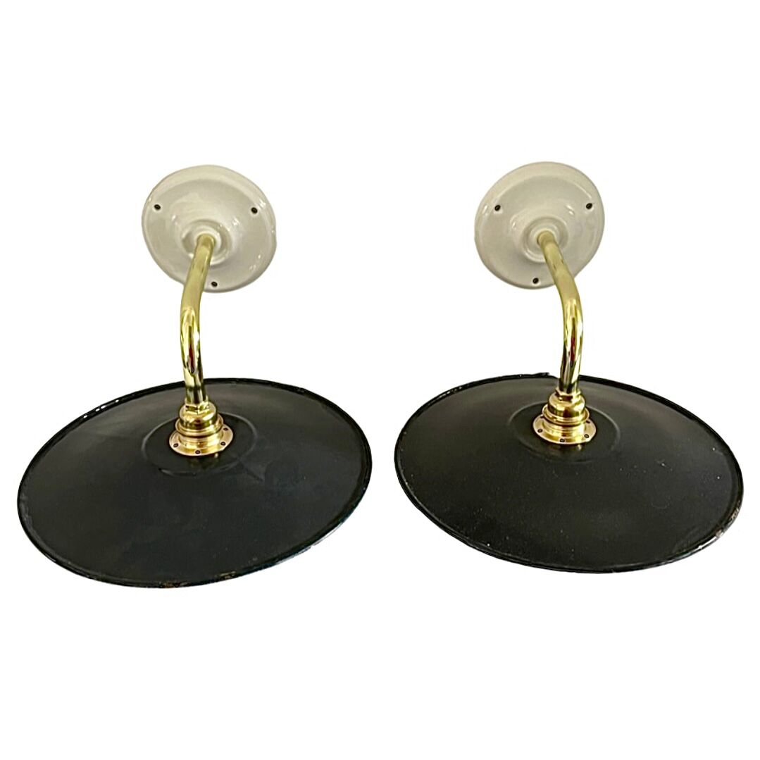 Pair of black enamelled sheet metal wall lamps electrified to nine