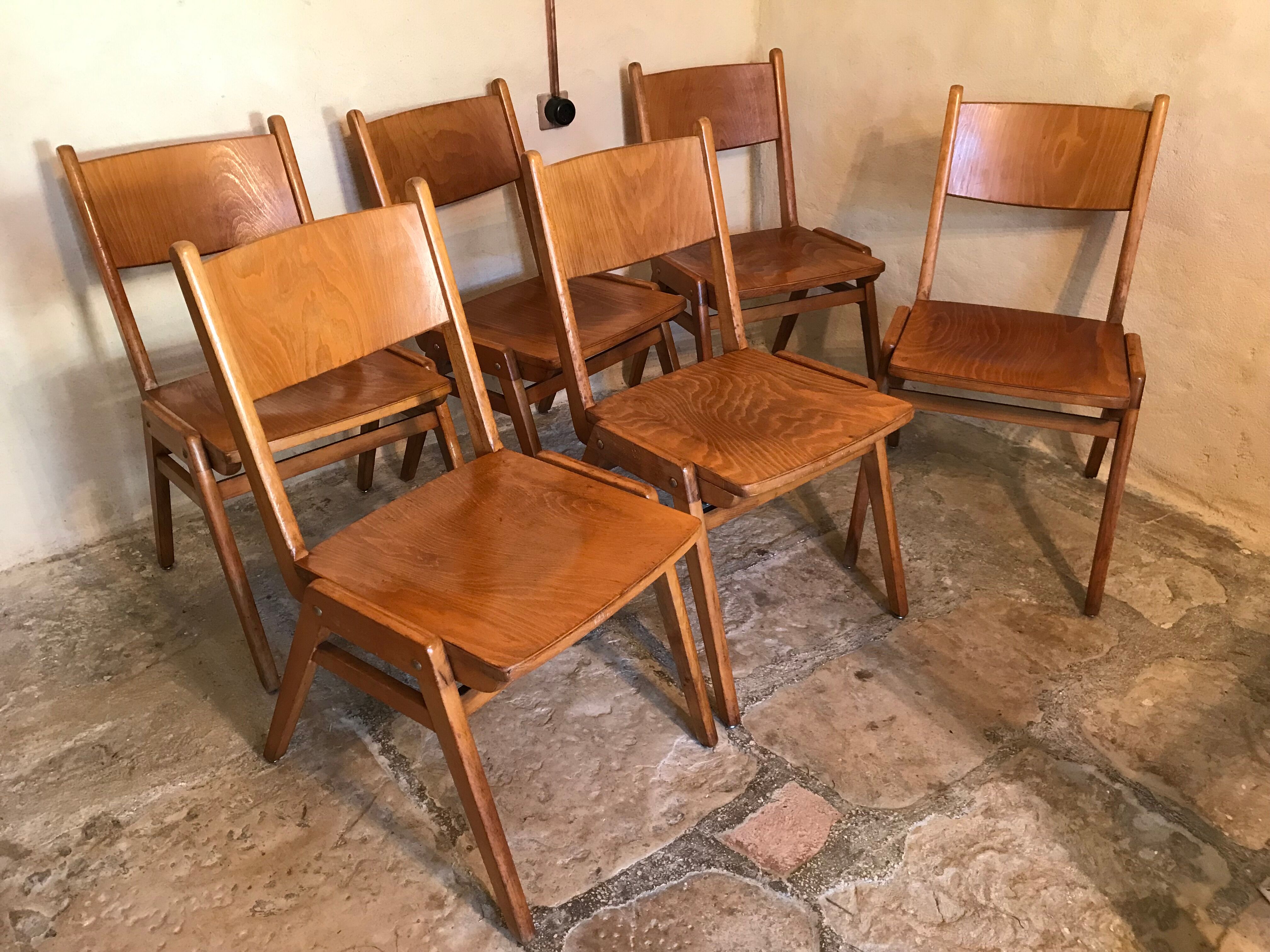Set of 6 stackable chairs wood feet compass Germany 1960's