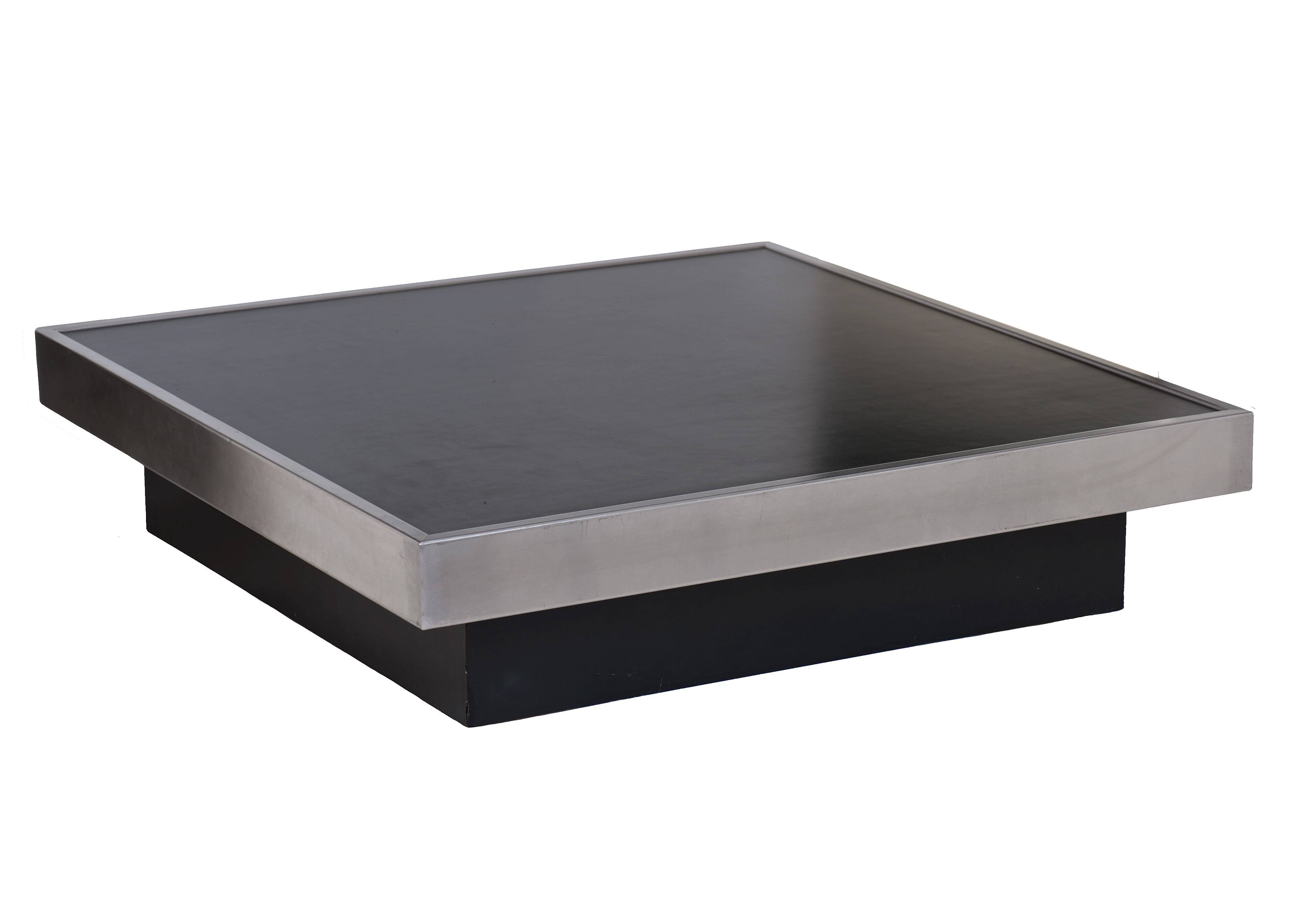 Large vintage black and stainless steel coffee table from the 1970s