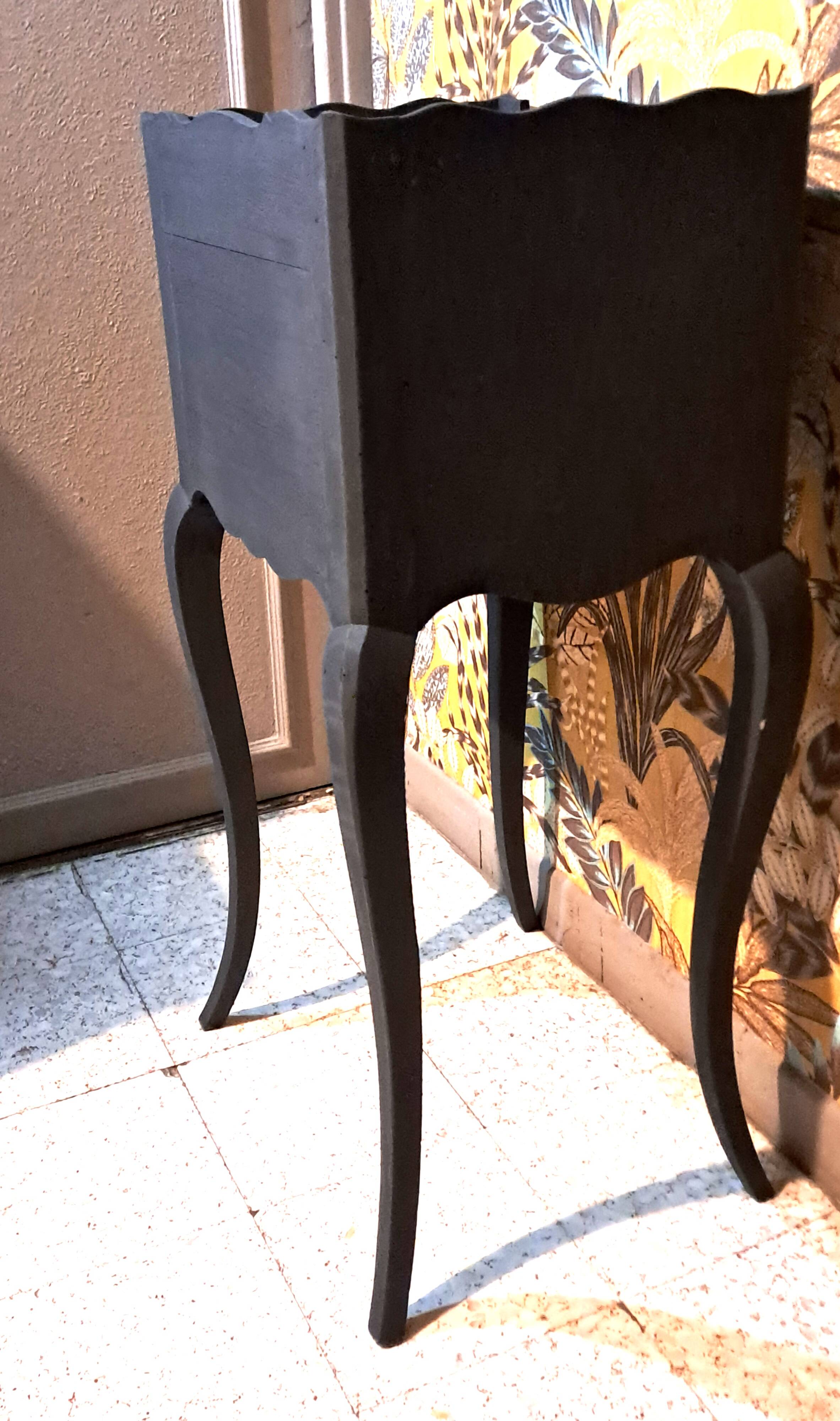 1930 bedside table, repainted wood in black with a golden rose motif.