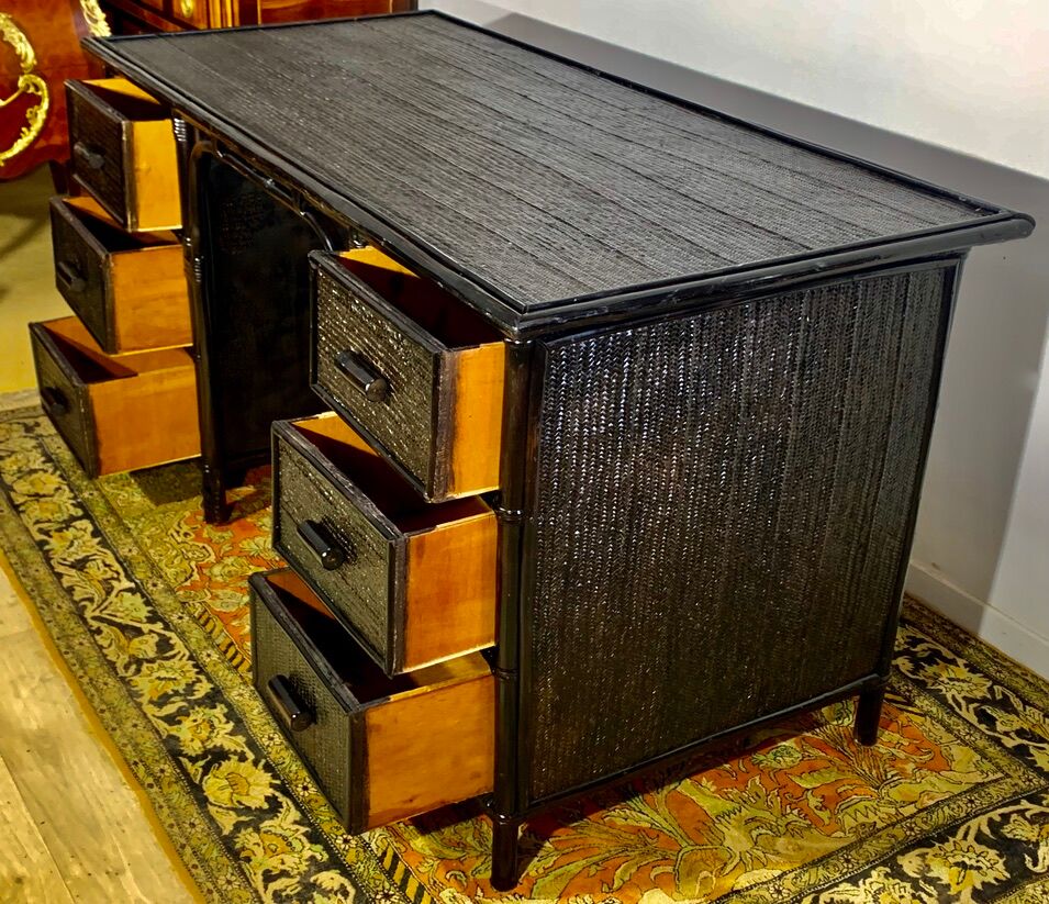 Desk and office chair in bamboo and black lacquered rattan, 60s, 70s