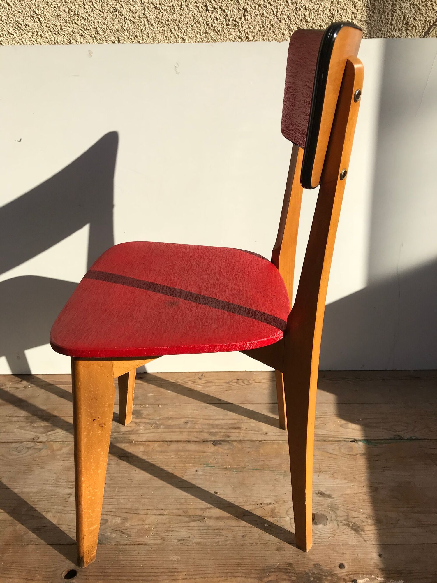 Old wood & vinyl red 60s vintage scandinavian chair