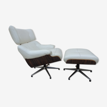 Fauteuil relax lounge et ottoman cuir blanc  palissandre