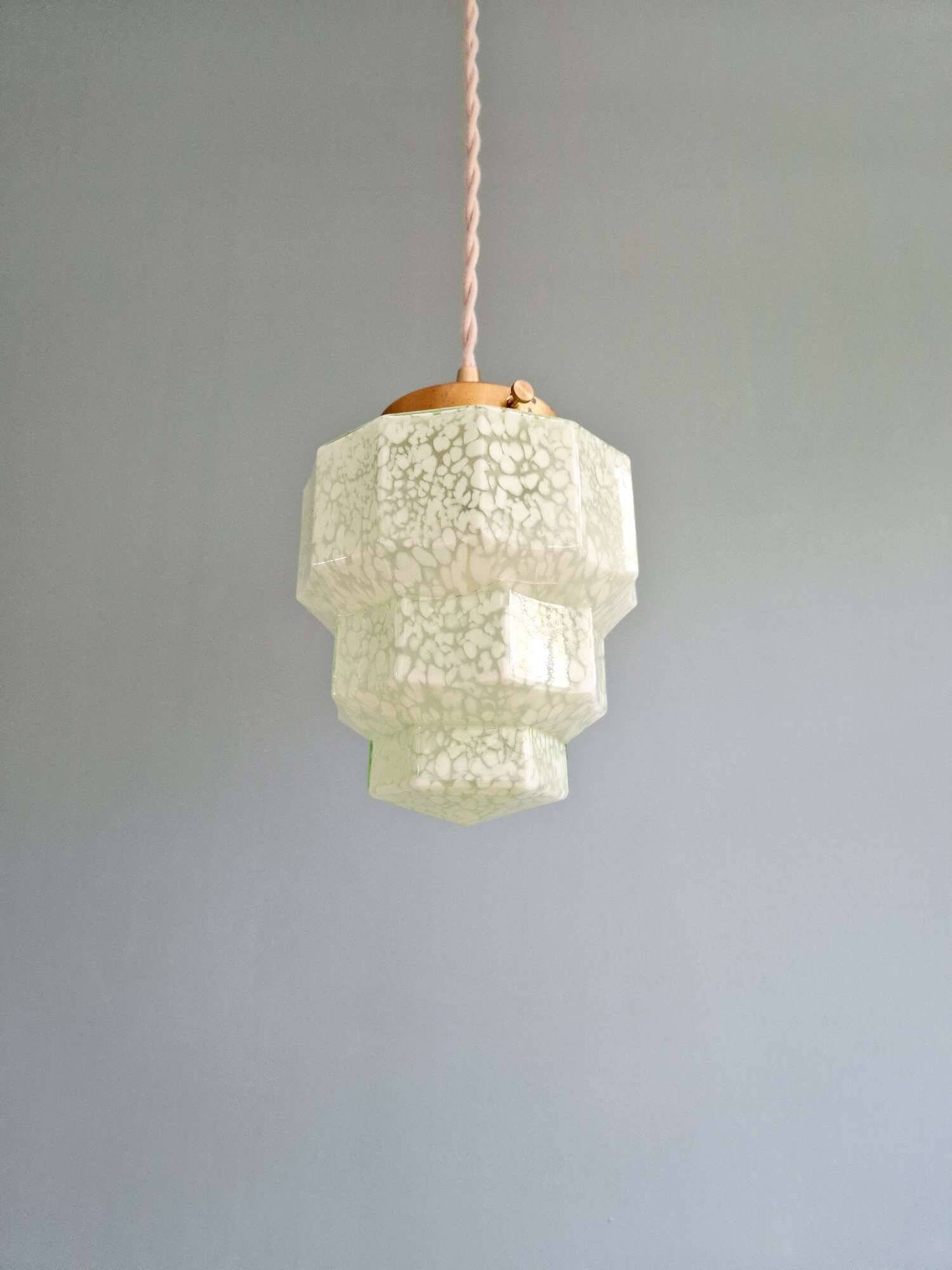 Art Deco skyscraper pendant light in speckled glass, 1920s-30s