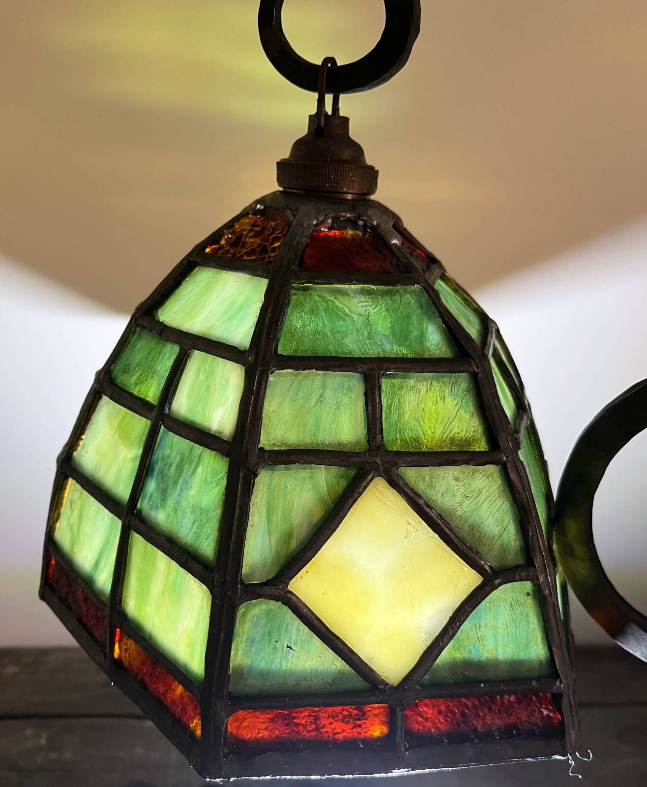 Antique Arts & Crafts Lamp cf. Tiffany Wrought iron and stained glass