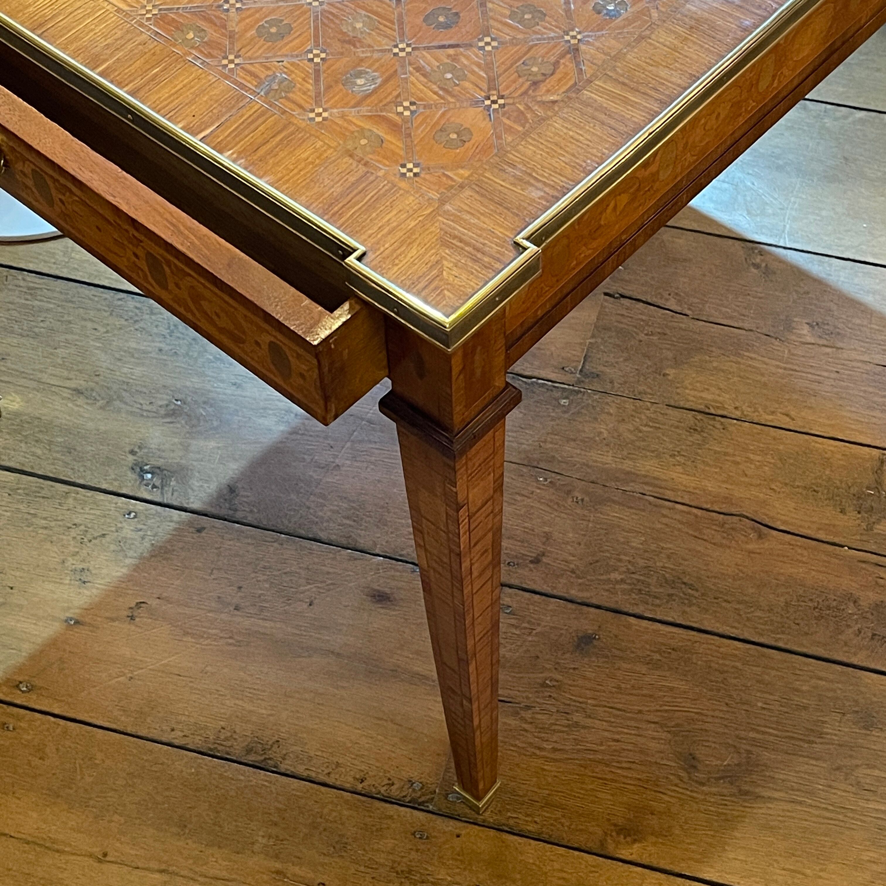 Louis XVI Directoire desk table richly inlaid, brass belt and 2 drawers, 19th century