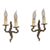 Elegant Vintage French Bronze Double Wall Sconces with Acanthus Leaf Detail 5111