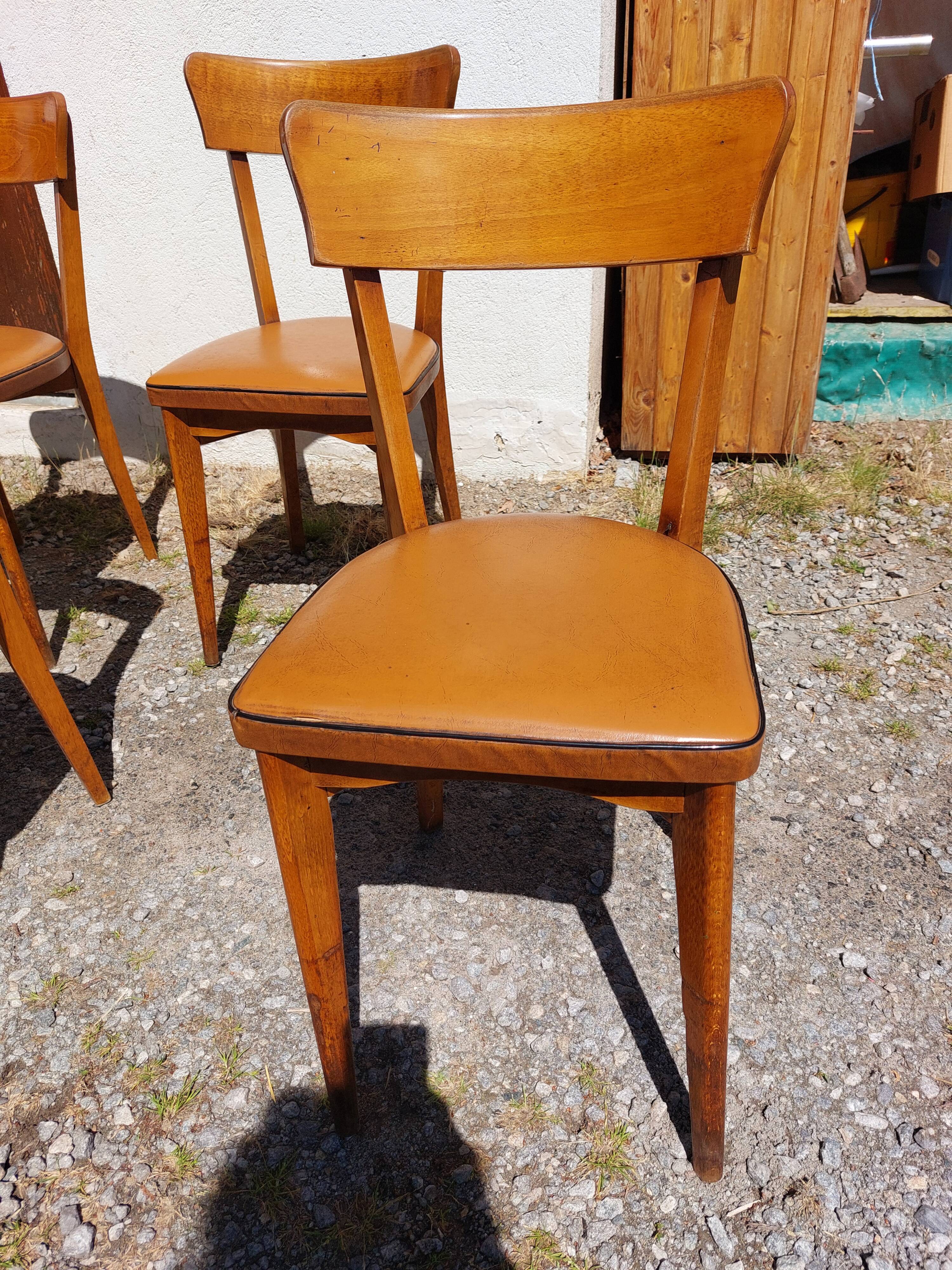 6 vintage 1960s wooden bistro chairs with camel faux leather.
