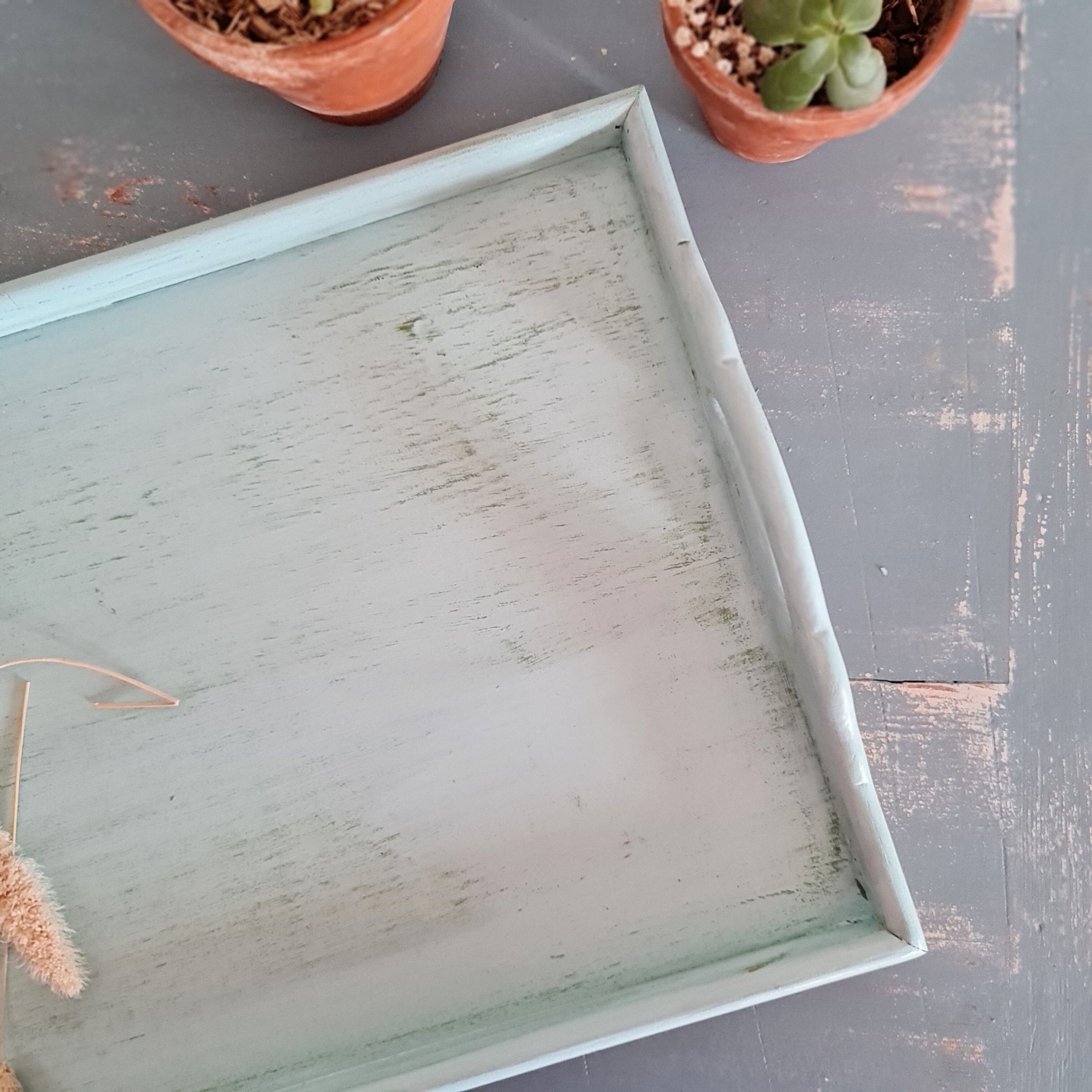 Presentation tray in old wood renovated blue with handles
