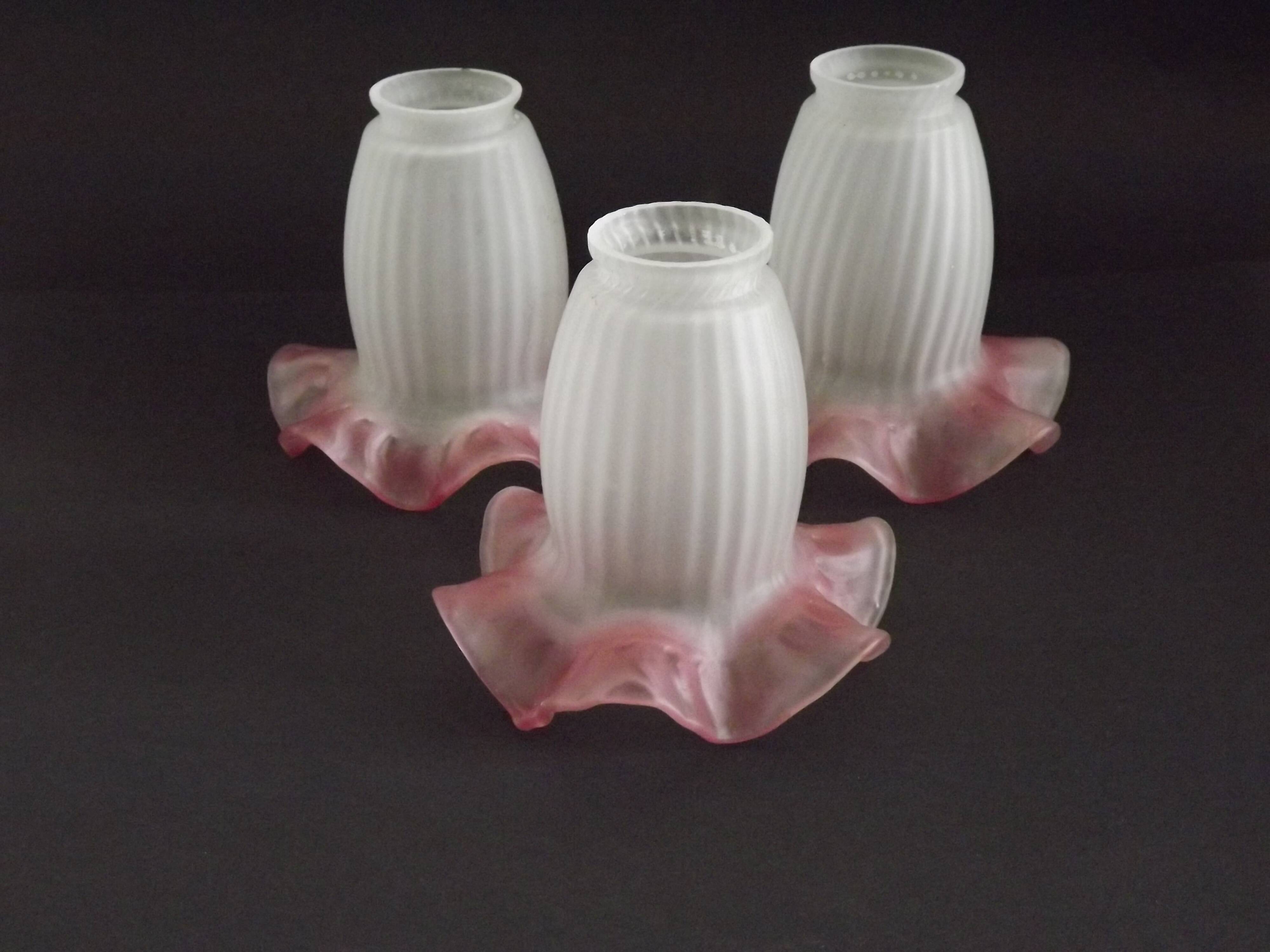 Set of 3 White Opaque Glass Shades With Ribbed Detail Pink Frilled Edge