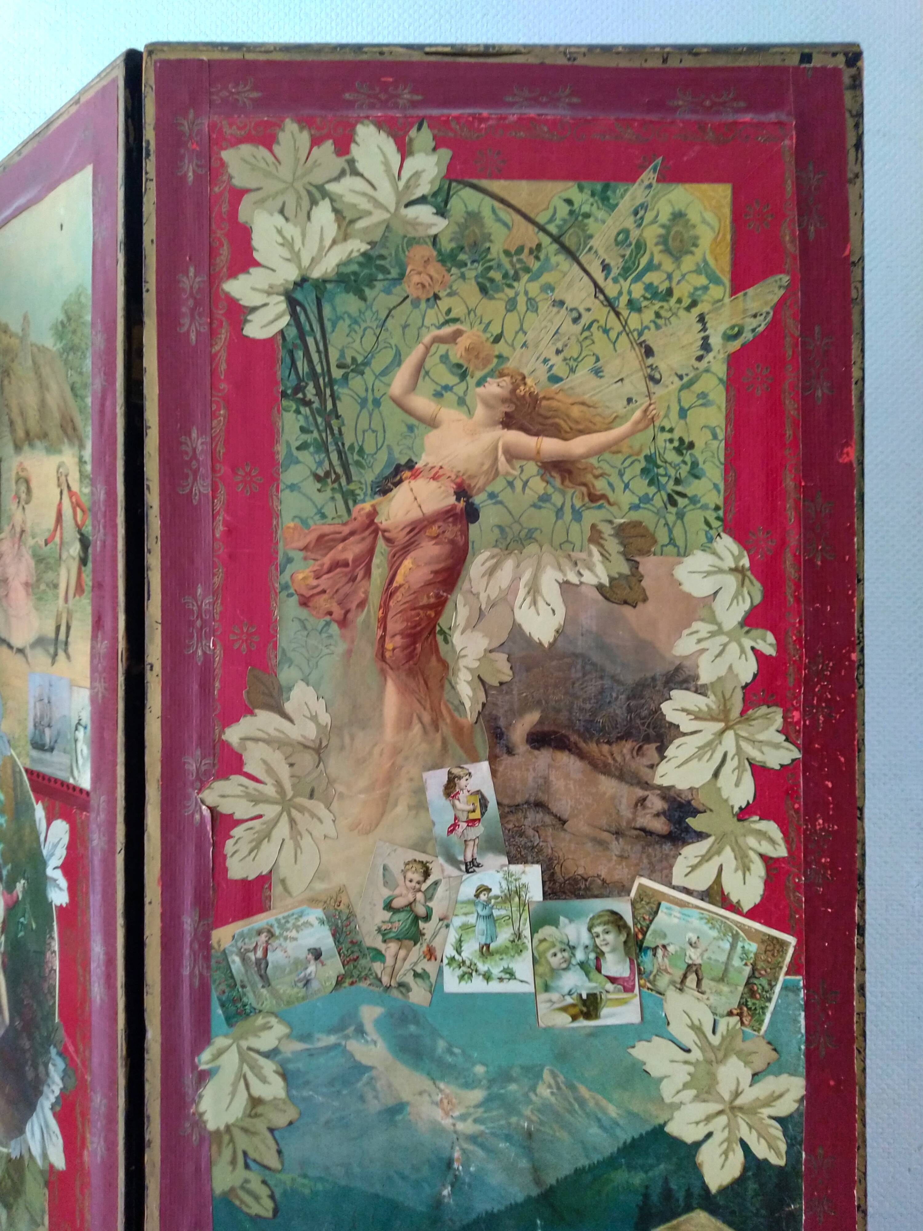 English Victorian 3-panel screen with varnished chromos