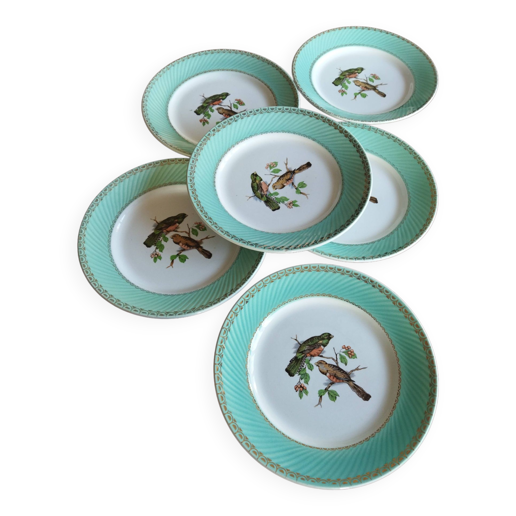6 Fenal Badonviller “Birds” dinner plates vintage 1950s