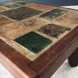 Brutalist Rustic Slate Tile & Oak Coffee Table, Belgium, 1960s