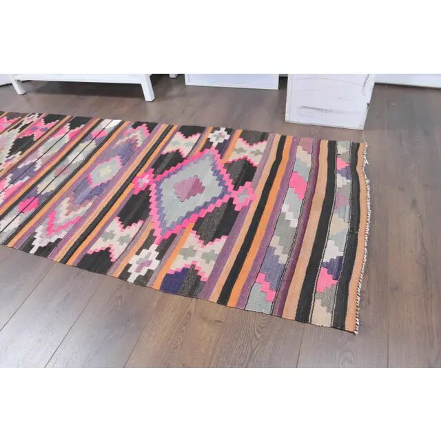 Vintage Turkish Oushak Handmade Wool Cotton Pink Kilim Runner  81x327