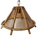 Vintage Bamboo Pendant Lamp With Decorative Glass From The 70s