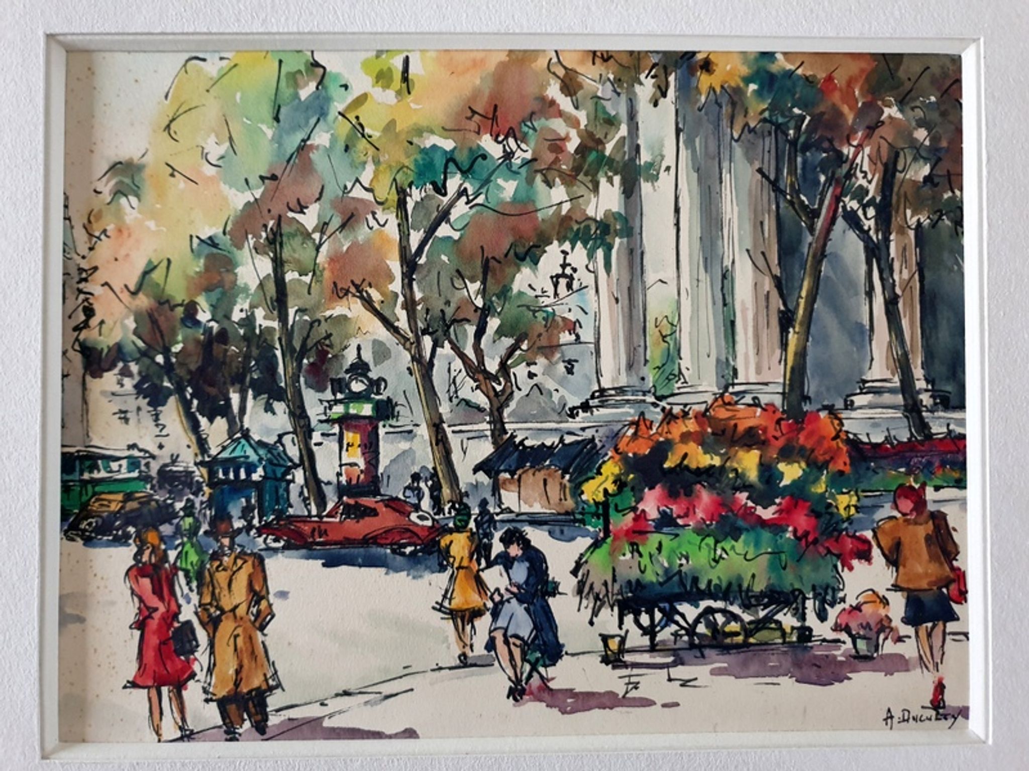 André Duculty (1912-1990) Watercolor on paper "The flower market of the Madeleine in Paris" Signed