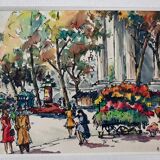 André Duculty (1912-1990) Watercolor on paper "The flower market of the Madeleine in Paris" Signed