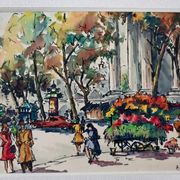 André Duculty (1912-1990) Watercolor on paper "The flower market of the Madeleine in Paris" Signed