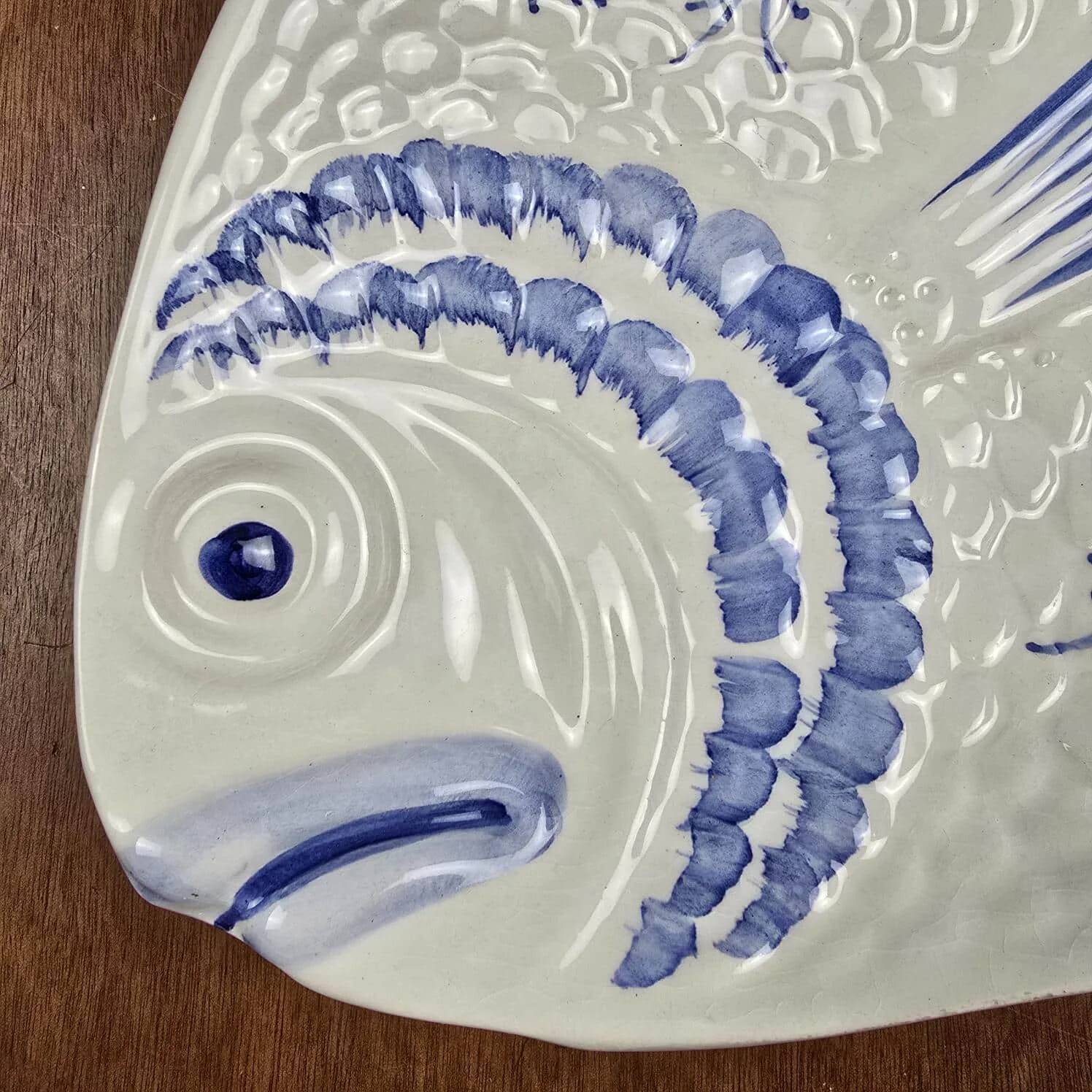 Elegant large vintage fish platter Portugal – Cobalt blue ceramic – 45 cm
