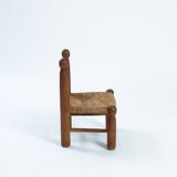 Low fireplace chairs, French, wood and straw set of 2