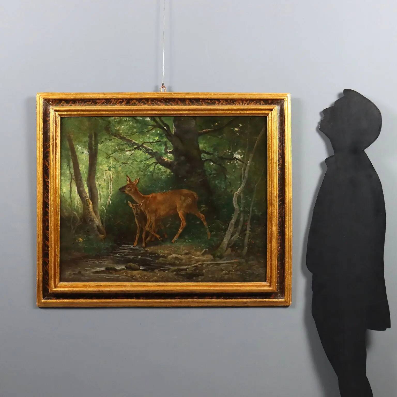 Old painting "Deer in the Woods" oil on canvas France 19th century