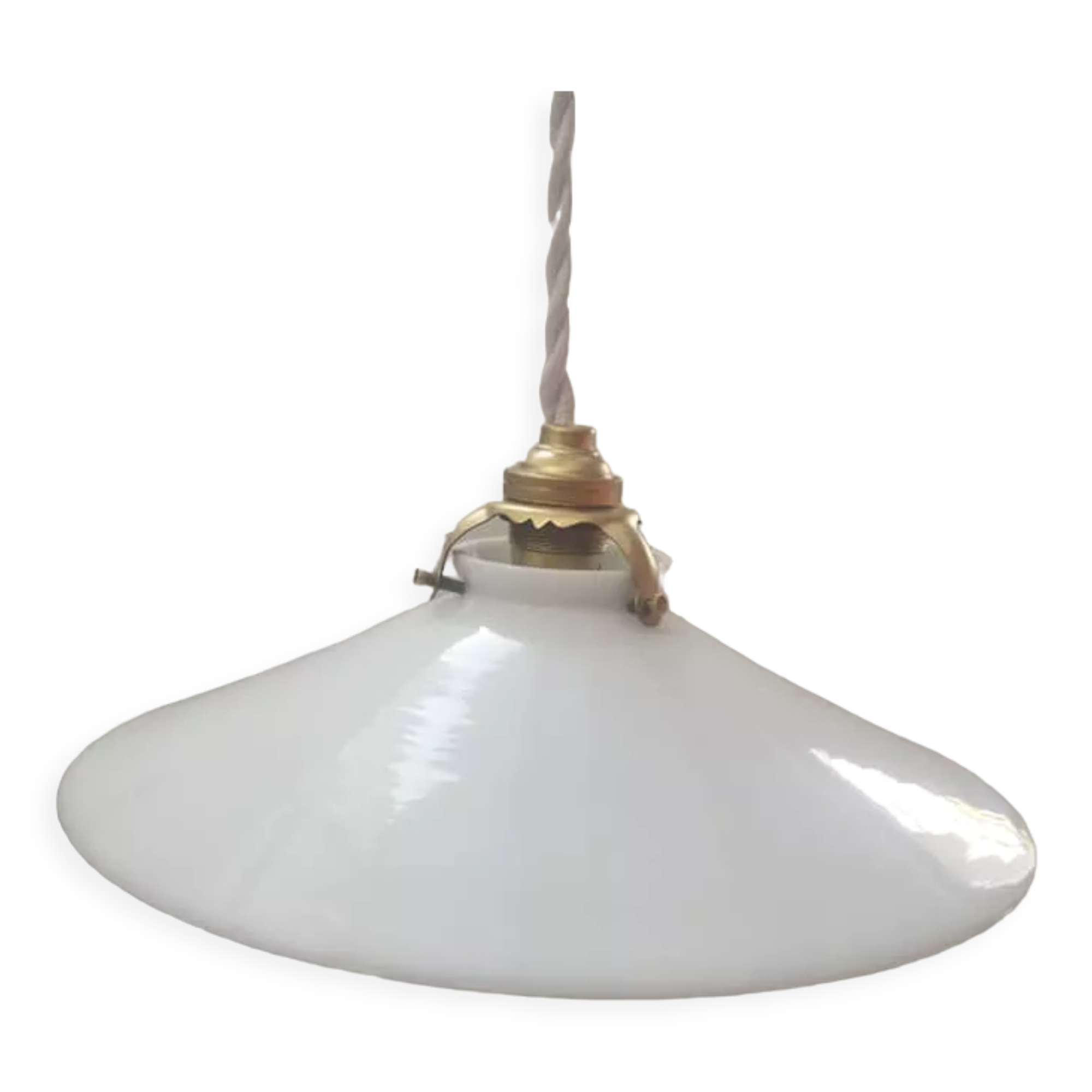 Suspension lamp opaline smooth white spirit walkman Art Deco 1930 TBE Ø 25 cm