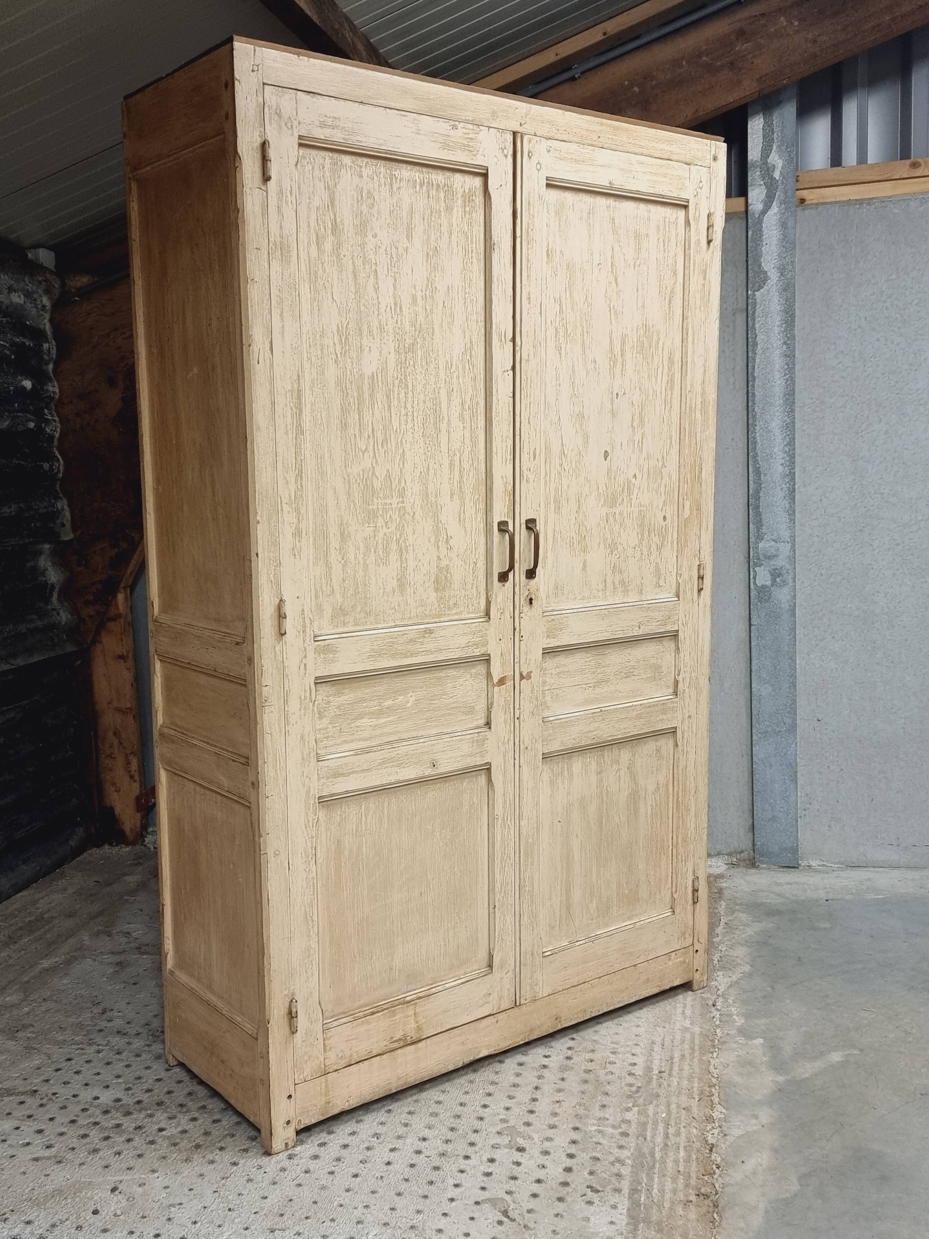 Antique wardrobe, kitchen cabinet, pinewood, creamy white